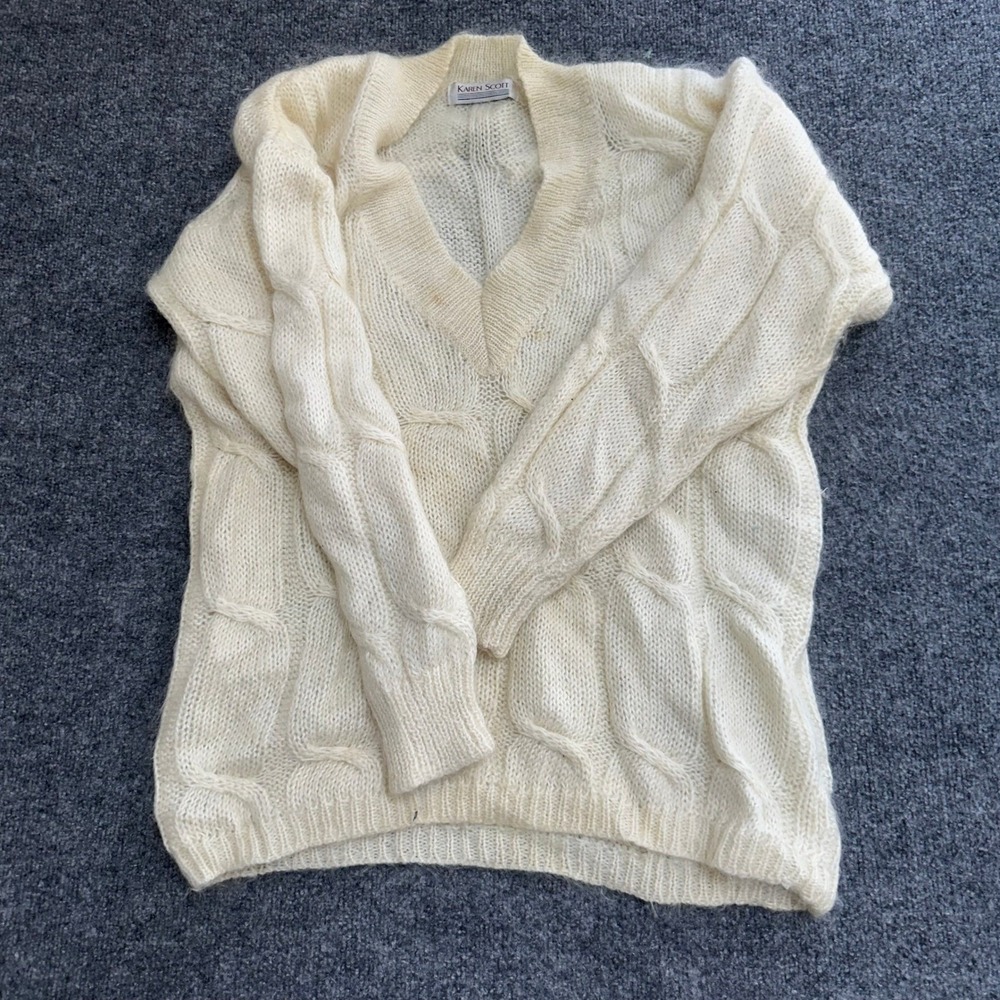 Karen Scott Sweater Womens Size Large Cream Cable Knit V-Neck Relaxed Pullover